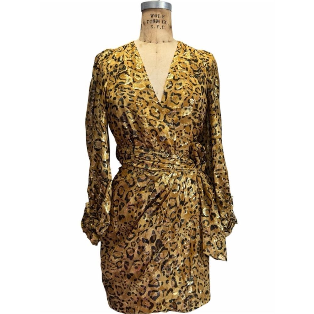 Ba&sh Leopard Print Silk- Blend Ginger Metallic Wrap Dress Size XS